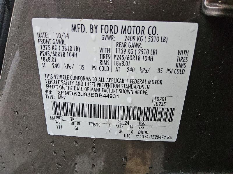 2014 Ford Edge მანქანა იყიდება აუქციონზე, vin: 2FMDK3J93EBB44931, აუქციონის ნომერი: 63909146