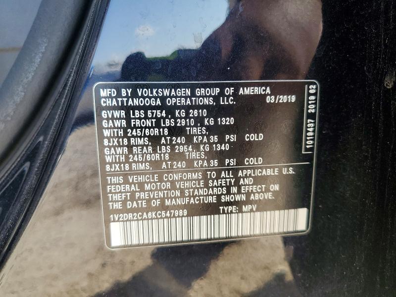 63289416 :رقم المزاد ، 1V2DR2CA6KC547989 vin ، 2019 Volkswagen Atlas مزاد بيع