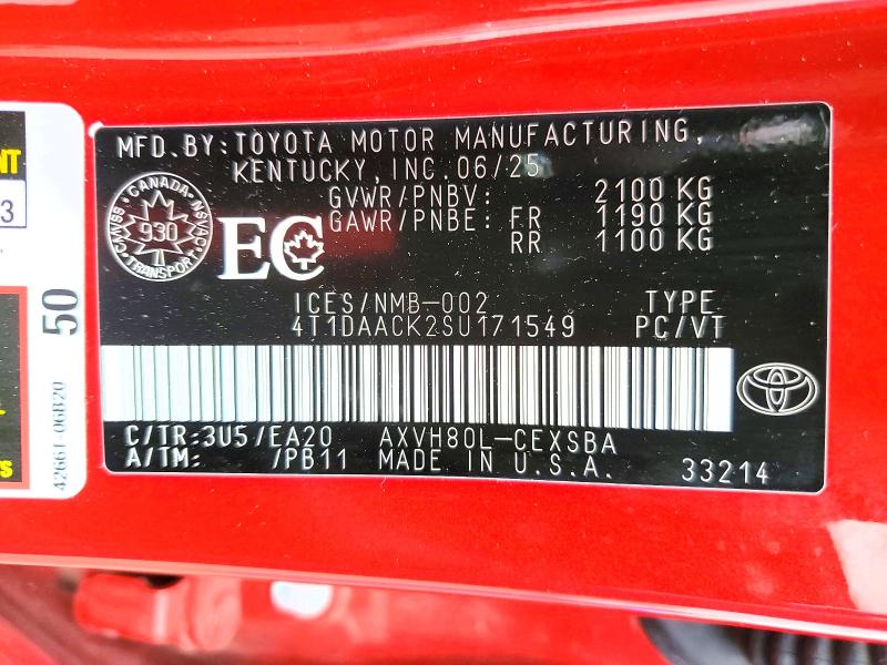 64221976 :رقم المزاد ، 4T1DAACK2SU171549 vin ، 2025 Toyota Camry مزاد بيع