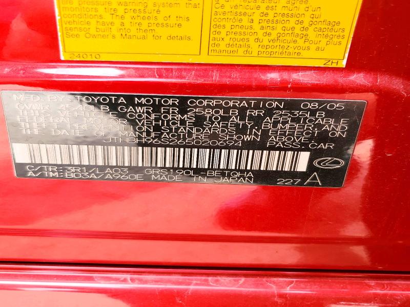 Aukcja sprzedaży 2006 Lexus Gs, vin: JTHBH96S265020694, numer aukcji: 64793216