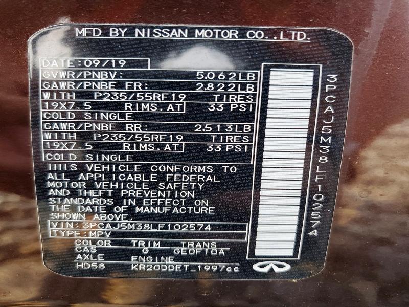 64758906 :رقم المزاد ، 3PCAJ5M38LF102574 vin ، 2020 Infiniti Qx50 مزاد بيع