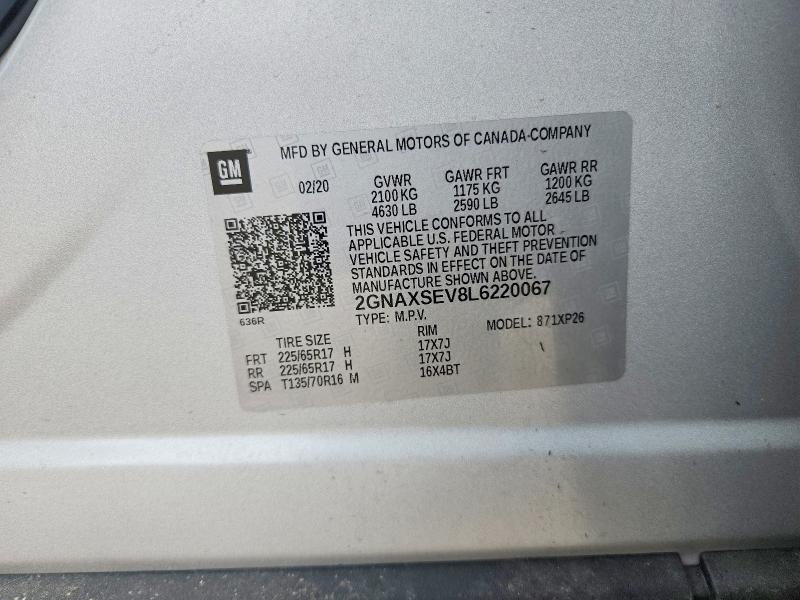 Aukcja sprzedaży 2020 Chevrolet Equinox, vin: 2GNAXSEV8L6220067, numer aukcji: 65702266