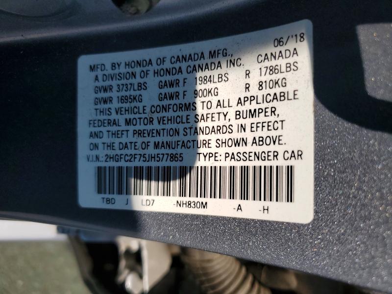 2018 Honda Civic მანქანა იყიდება აუქციონზე, vin: 2HGFC2F75JH577865, აუქციონის ნომერი: 63034386