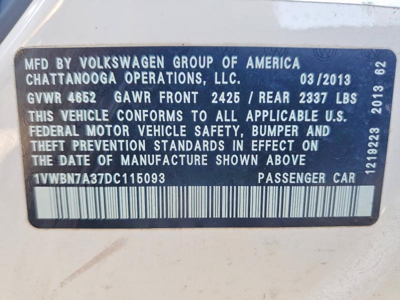 66491756 :رقم المزاد ، 1VWBN7A37DC115093 vin ، 2013 Volkswagen Passat مزاد بيع