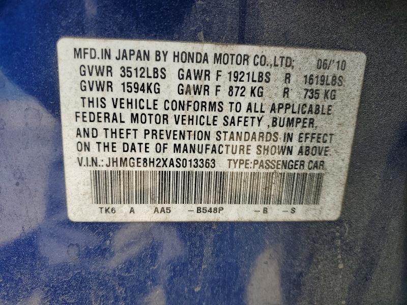 Продаж на аукціоні авто 2010 Honda Fit, vin: JHMGE8H2XAS013363, номер лоту: 65163416