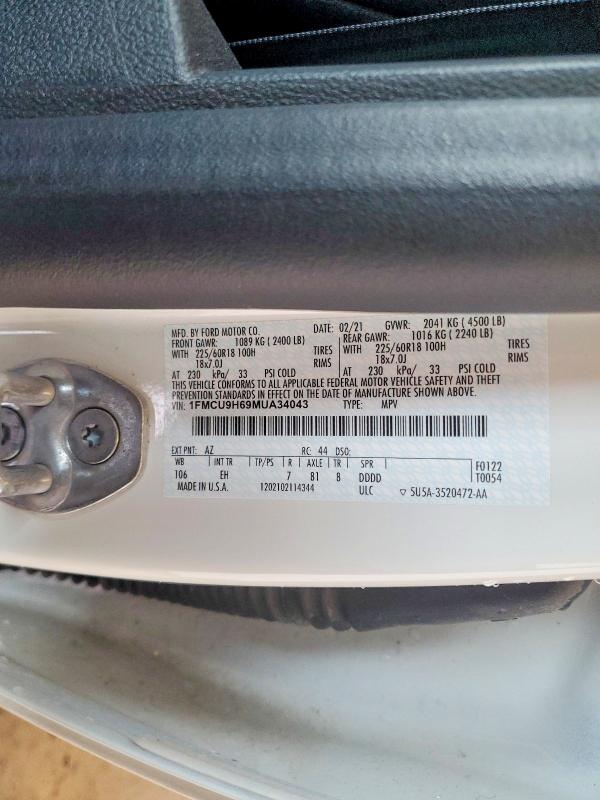 2021 Ford Escape მანქანა იყიდება აუქციონზე, vin: 1FMCU9H69MUA34043, აუქციონის ნომერი: 67023816