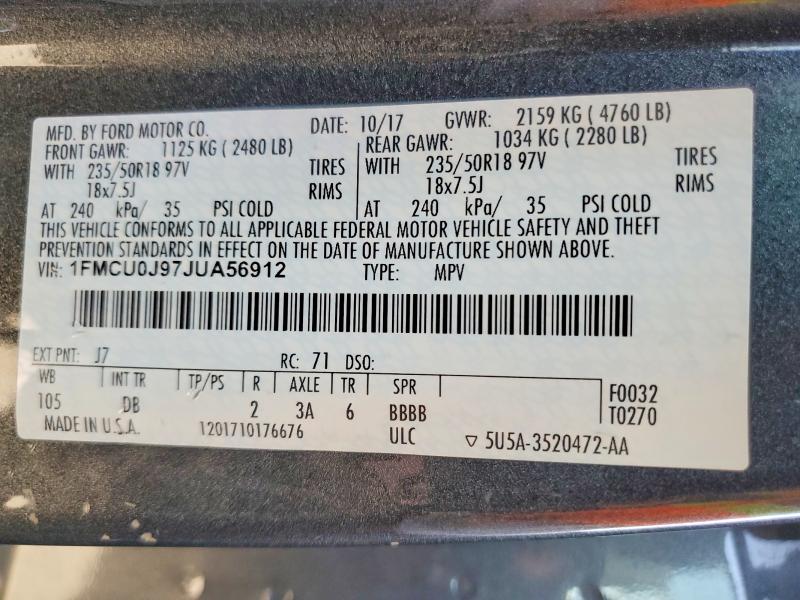 65119586 :رقم المزاد ، 1FMCU0J97JUA56912 vin ، 2018 Ford Escape مزاد بيع
