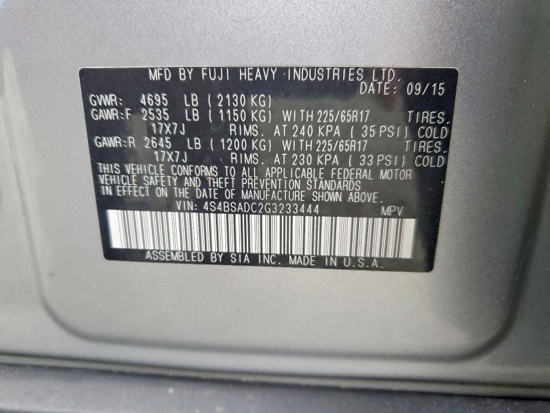65854826 :رقم المزاد ، 4S4BSADC2G3233444 vin ، 2016 Subaru Outback مزاد بيع