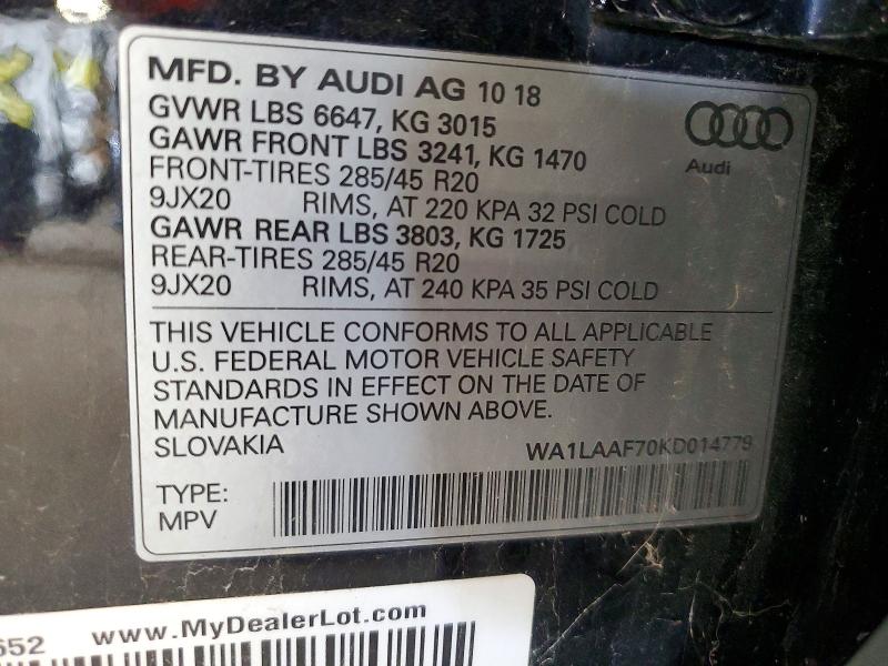 Aukcja sprzedaży 2019 Audi Q7, vin: WA1LAAF70KD014779, numer aukcji: 65266886