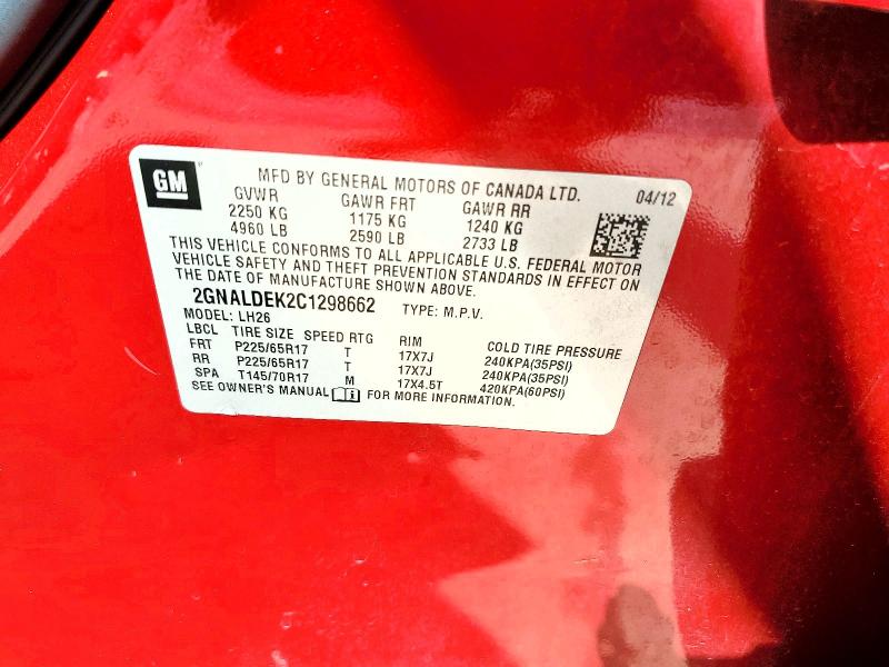 Aukcja sprzedaży 2012 Chevrolet Equinox, vin: 2GNALDEK2C1298662, numer aukcji: 66935596