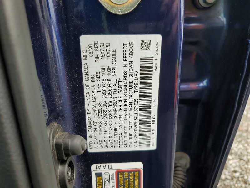 2020 Honda Cr-v მანქანა იყიდება აუქციონზე, vin: 2HKRW2H57LH674025, აუქციონის ნომერი: 65341266