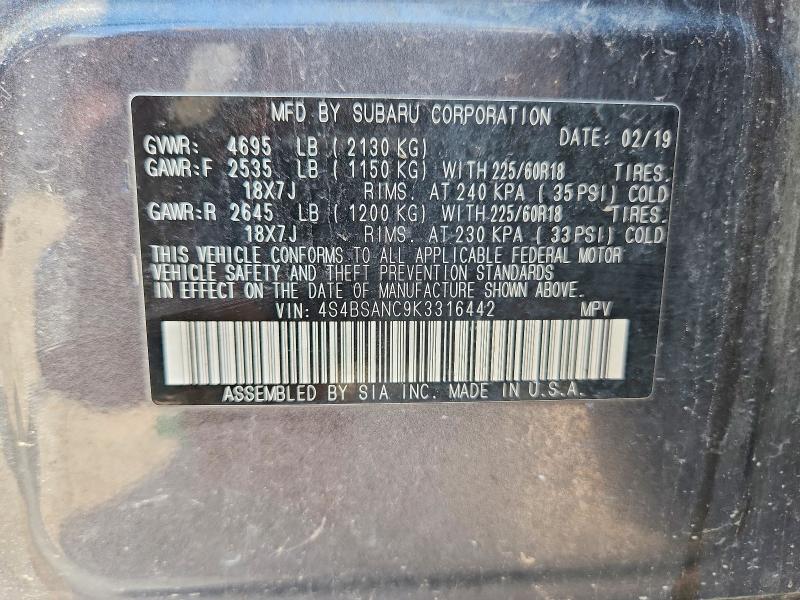 Продаж на аукціоні авто 2019 Subaru Outback, vin: 4S4BSANC9K3316442, номер лоту: 63437756