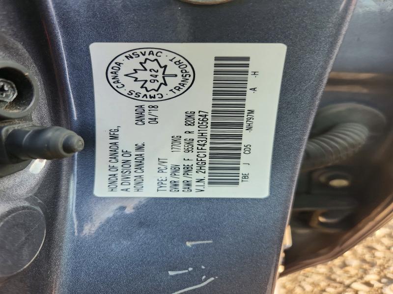 Продаж на аукціоні авто 2018 Honda Civic, vin: 2HGFC1F43JH105647, номер лоту: 63118446