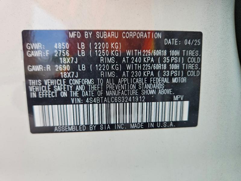 66190466 :رقم المزاد ، 4S4BTALC6S3241912 vin ، 2025 Subaru Outback مزاد بيع