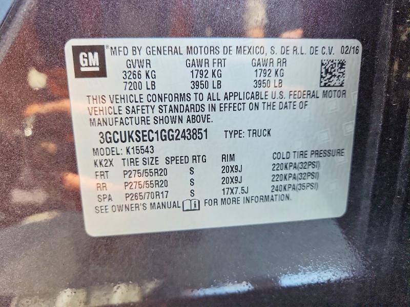 Продаж на аукціоні авто 2016 Chevrolet Silverado, vin: 3GCUKSEC1GG243851, номер лоту: 67100986