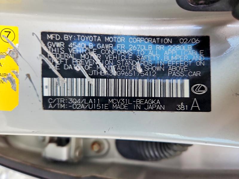 2006 Lexus Es მანქანა იყიდება აუქციონზე, vin: JTHBA30G965175412, აუქციონის ნომერი: 65338516