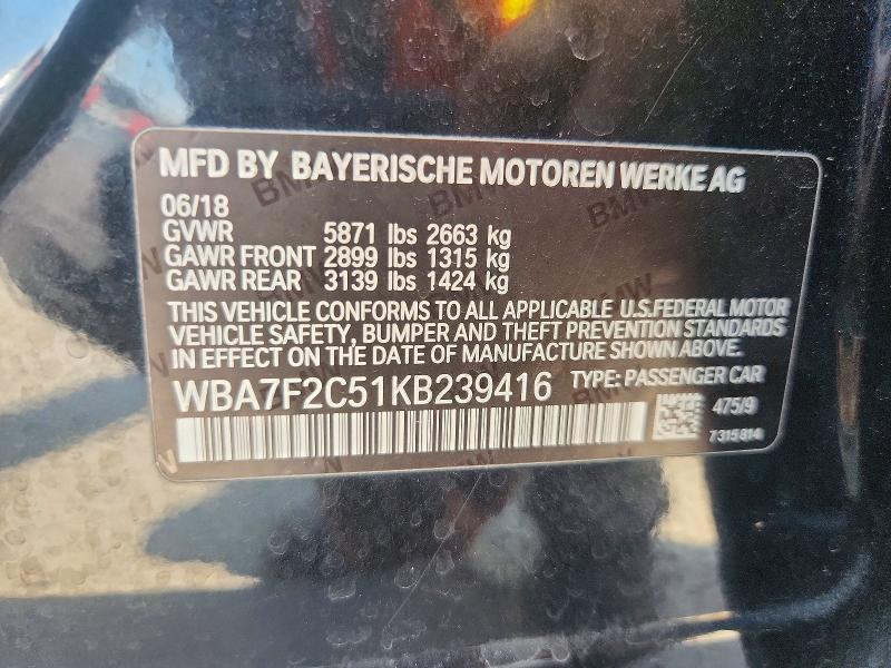 66355536 :رقم المزاد ، WBA7F2C51KB239416 vin ، 2019 Bmw 750 مزاد بيع