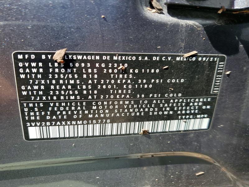 Aukcja sprzedaży 2022 Volkswagen Tiguan, vin: 3VV2B7AXXNM015778, numer aukcji: 64008626