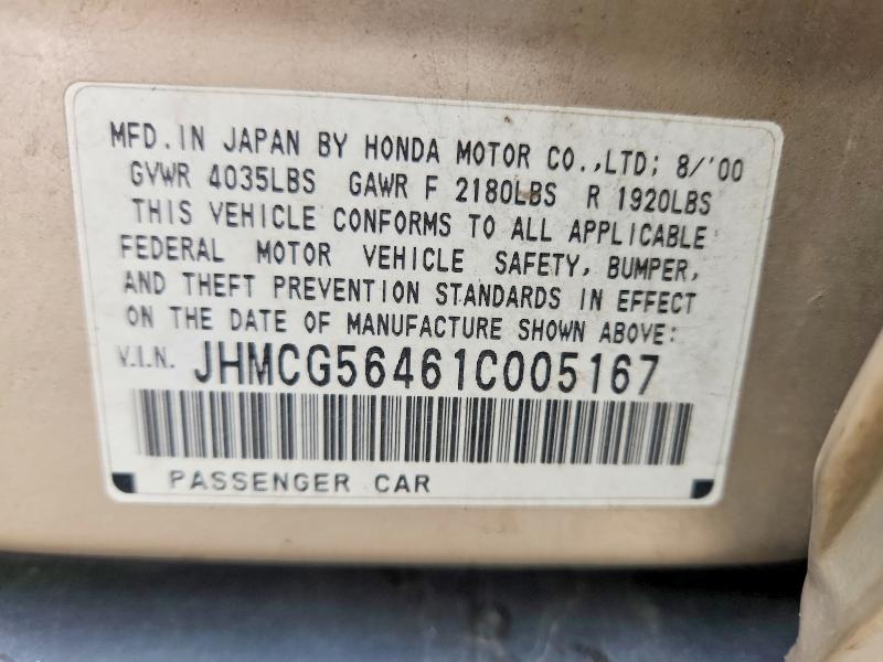 Продаж на аукціоні авто 2001 Honda Accord, vin: JHMCG56461C005167, номер лоту: 64548976