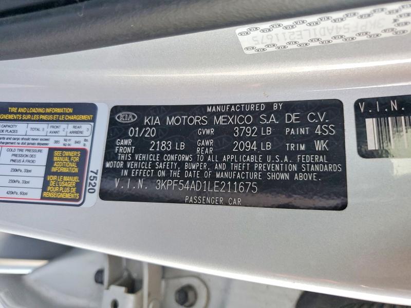 2020 Kia Forte მანქანა იყიდება აუქციონზე, vin: 3KPF54AD1LE211675, აუქციონის ნომერი: 65344516