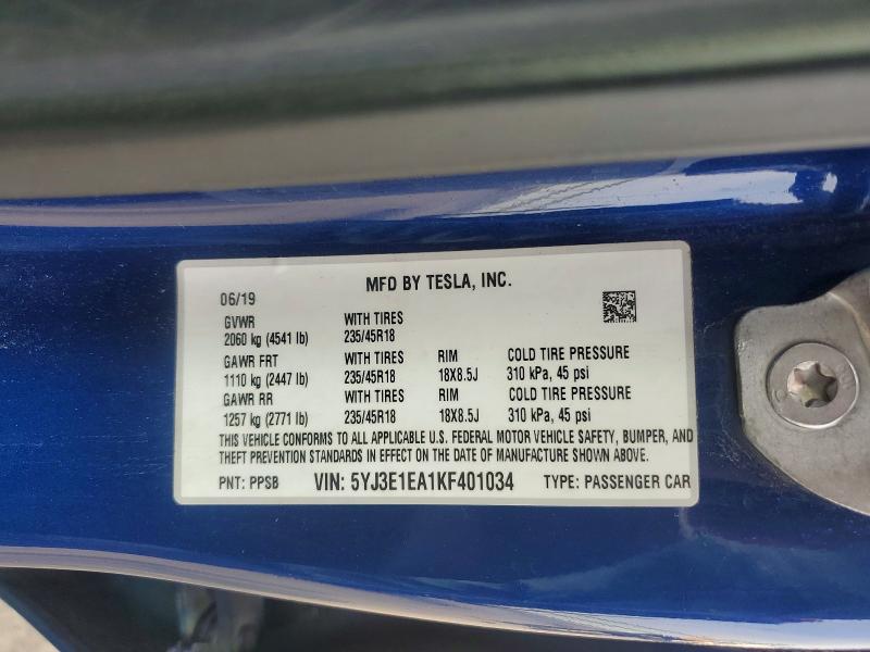 2019 Tesla Model 3 მანქანა იყიდება აუქციონზე, vin: 5YJ3E1EA1KF401034, აუქციონის ნომერი: 64404736