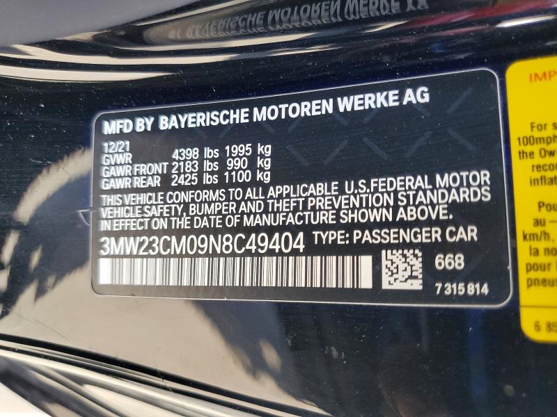 63700646 :رقم المزاد ، 3MW23CM09N8C49404 vin ، 2022 Bmw 230i مزاد بيع