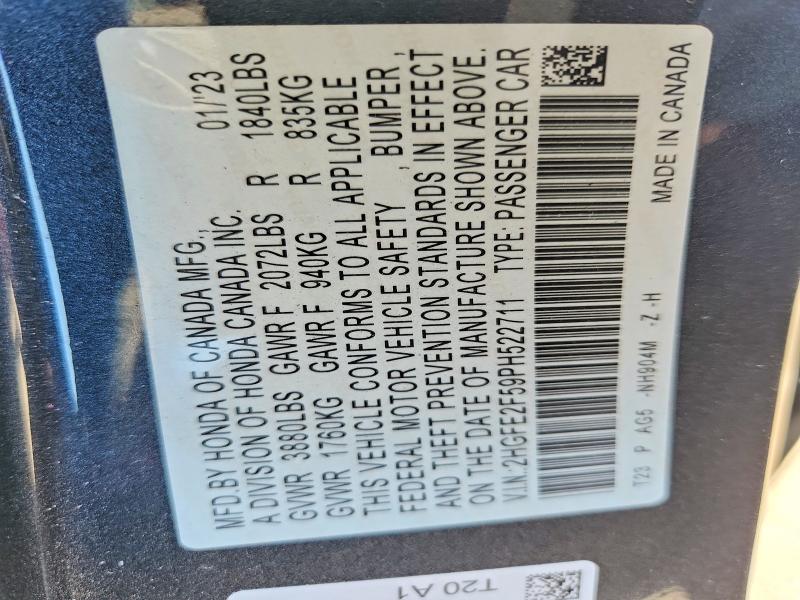 2023 Honda Civic მანქანა იყიდება აუქციონზე, vin: 2HGFE2F59PH522711, აუქციონის ნომერი: 65754596