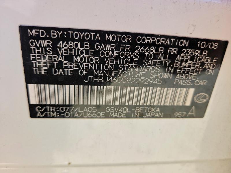 Aukcja sprzedaży 2009 Lexus Es, vin: JTHBJ46G092292945, numer aukcji: 65230716