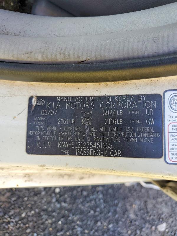 Aukcja sprzedaży 2007 Kia Spectra, vin: KNAFE121275451335, numer aukcji: 63798646
