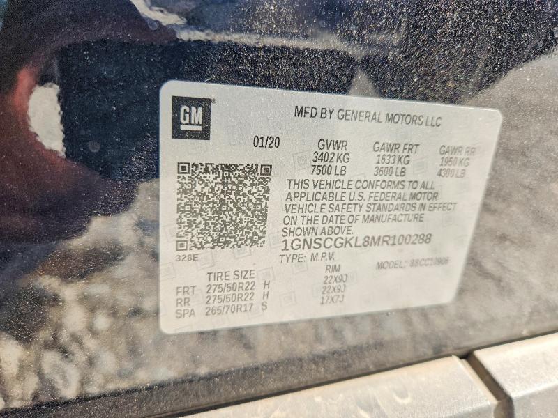 2021 Chevrolet Suburban მანქანა იყიდება აუქციონზე, vin: 1GNSCGKL8MR100288, აუქციონის ნომერი: 63993556