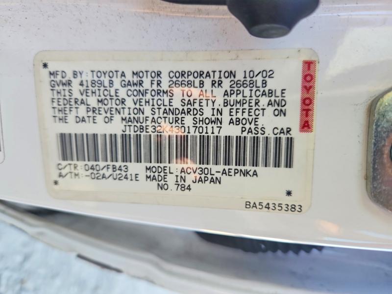 Продаж на аукціоні авто 2003 Toyota Camry, vin: JTDBE32K430170117, номер лоту: 66930336