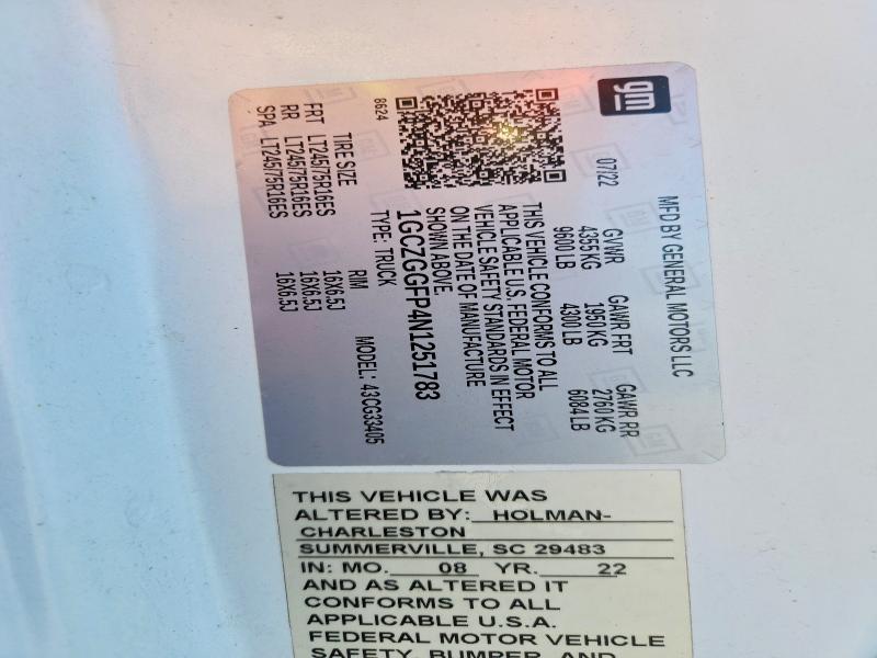 63600156 :رقم المزاد ، 1GCZGGFP4N1251783 vin ، 2022 Chevrolet Express G3500 مزاد بيع