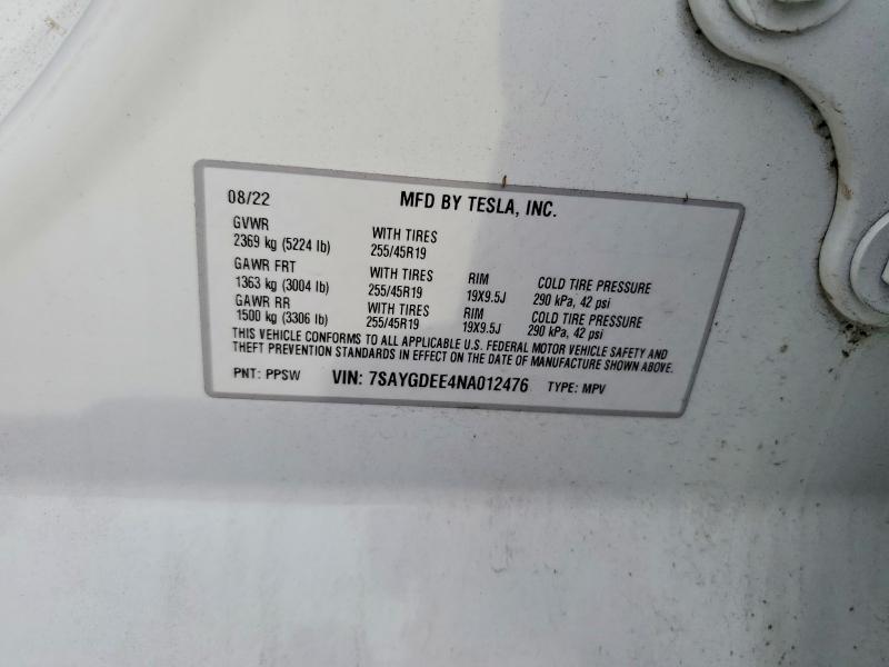 63917186 :رقم المزاد ، 7SAYGDEE4NA012476 vin ، 2022 Tesla Model Y مزاد بيع