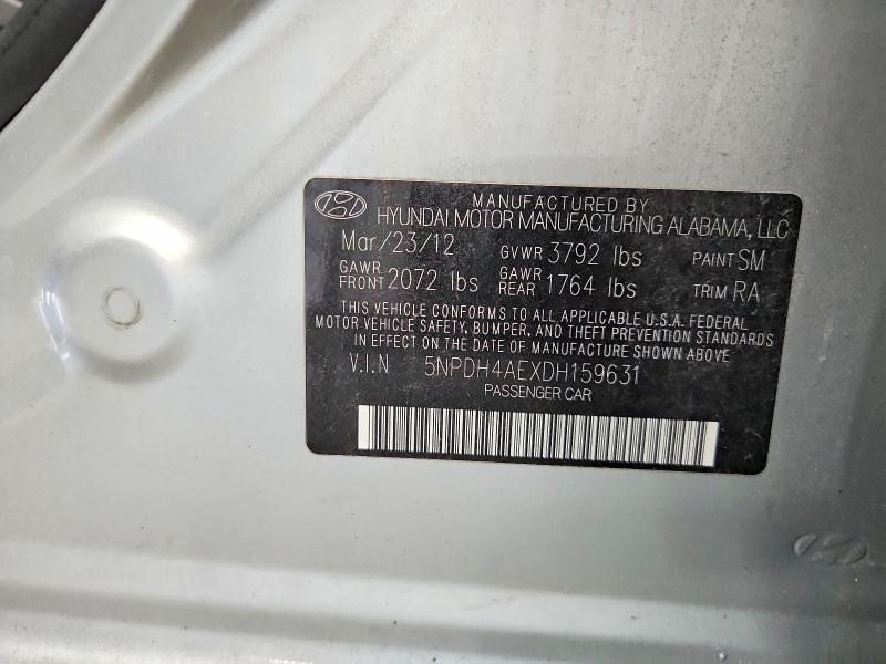 2013 Hyundai Elantra მანქანა იყიდება აუქციონზე, vin: 5NPDH4AEXDH159631, აუქციონის ნომერი: 64003436