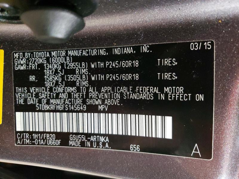 2015 Toyota Highlander მანქანა იყიდება აუქციონზე, vin: 5TDBKRFH6FS145649, აუქციონის ნომერი: 63499386