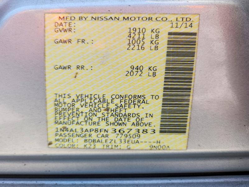 Продажа на аукционе авто 2015 Nissan Altima, vin: 1N4AL3AP8FN367383, номер лота: 65622326