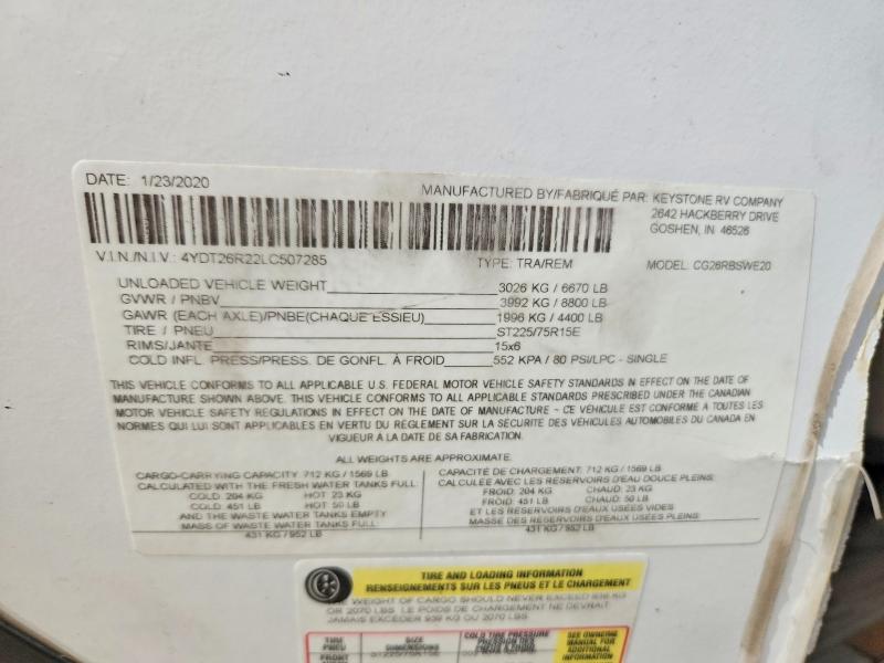 Продаж на аукціоні авто 2020 Keystone Cougar, vin: 4YDT26R22LC507285, номер лоту: 65378386