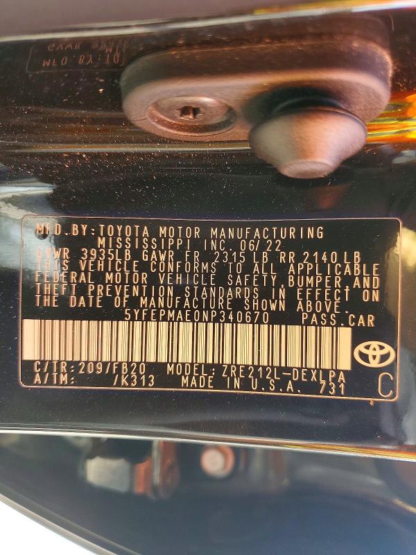 Продаж на аукціоні авто 2022 Toyota Corolla, vin: 5YFEPMAE0NP340670, номер лоту: 64063356