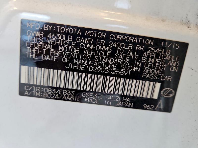 Aukcja sprzedaży 2016 Lexus Is, vin: JTHBE1D29G5025891, numer aukcji: 65847986