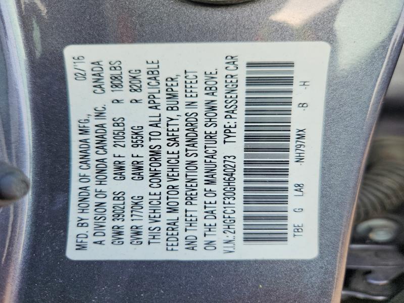 64833586 :رقم المزاد ، 2HGFC1F30GH640273 vin ، 2016 Honda Civic مزاد بيع