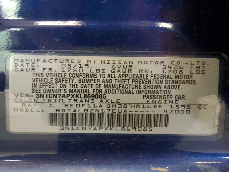 64037026 :رقم المزاد ، 3N1CN7APXKL869085 vin ، 2019 Nissan Versa مزاد بيع