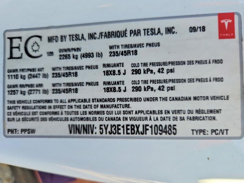 2018 Tesla Model 3 მანქანა იყიდება აუქციონზე, vin: 5YJ3E1EBXJF109485, აუქციონის ნომერი: 62892026