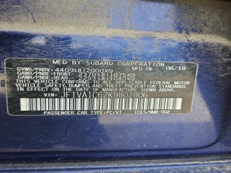 2019 Subaru Wrx მანქანა იყიდება აუქციონზე, vin: JF1VA1C62K9802806, აუქციონის ნომერი: 67352246