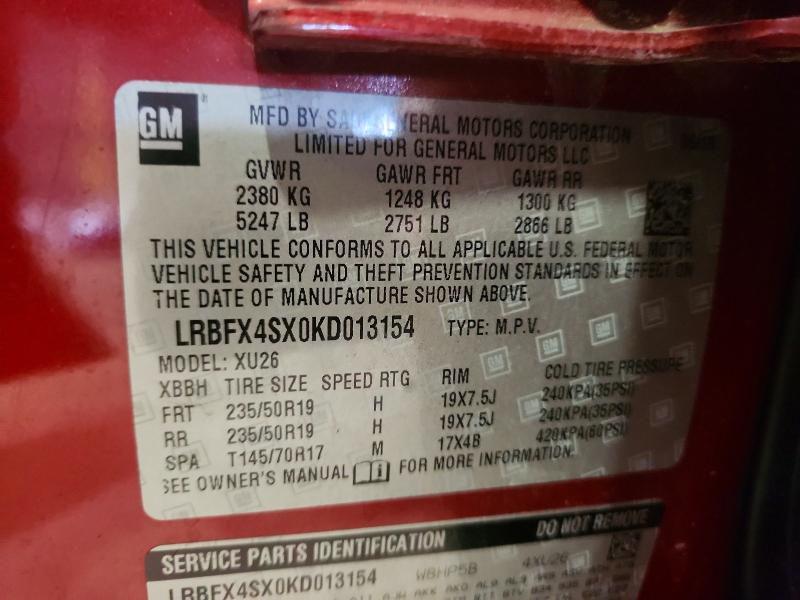 63496786 :رقم المزاد ، LRBFX4SX0KD013154 vin ، 2019 Buick Envision مزاد بيع