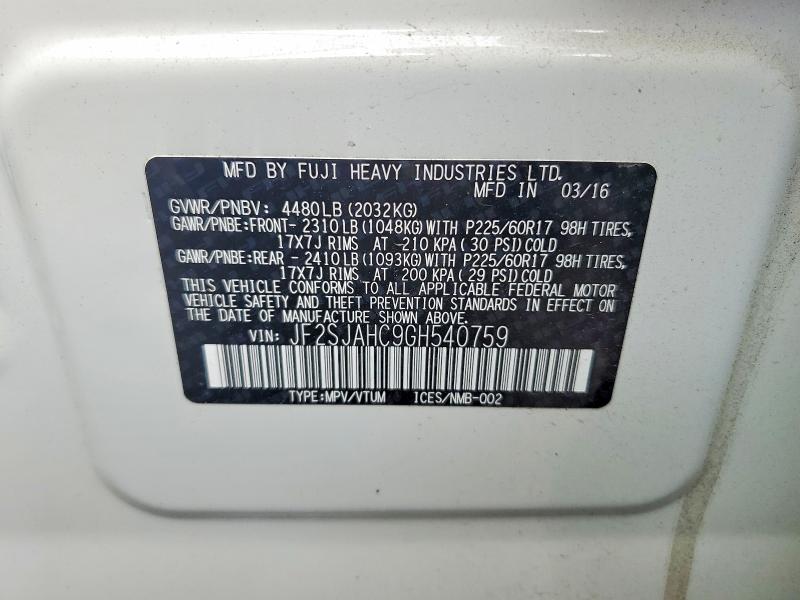 64542766 :رقم المزاد ، JF2SJAHC9GH540759 vin ، 2016 Subaru Forester مزاد بيع