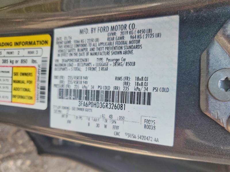 2016 Ford Fusion მანქანა იყიდება აუქციონზე, vin: 3FA6P0HD3GR326081, აუქციონის ნომერი: 63854186