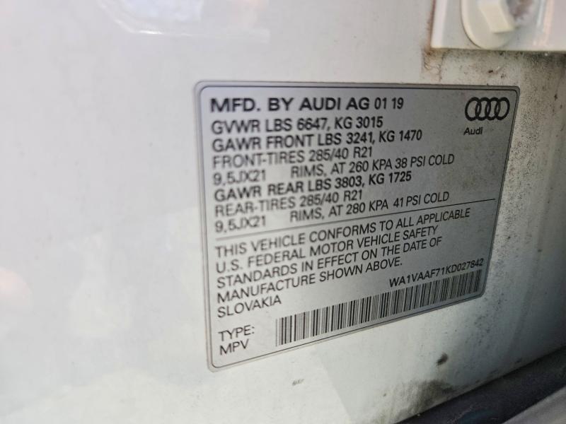 Продаж на аукціоні авто 2019 Audi Q7, vin: WA1VAAF71KD027842, номер лоту: 66028856