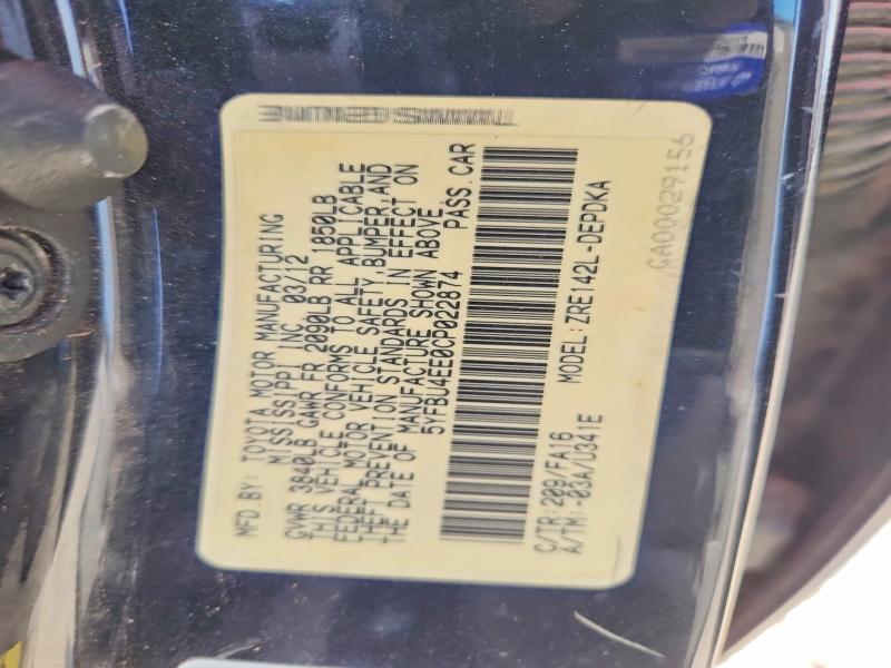 66903296 :رقم المزاد ، 5YFBU4EE0CP022874 vin ، 2012 Toyota Corolla مزاد بيع