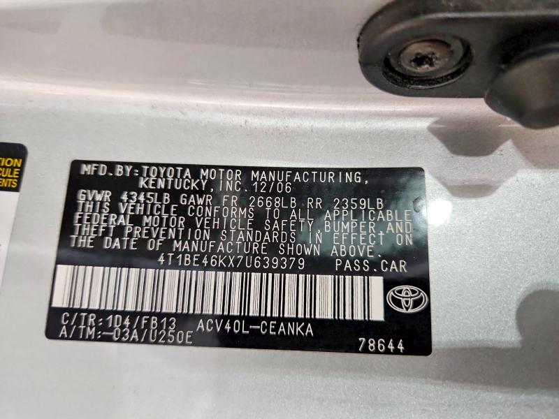 Продажа на аукционе авто 2007 Toyota Camry, vin: 4T1BE46KX7U639379, номер лота: 64059256