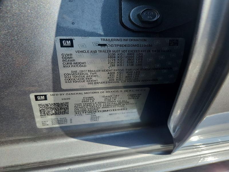2021 Gmc Sierra მანქანა იყიდება აუქციონზე, vin: 3GTP8DED3MG119494, აუქციონის ნომერი: 65927626